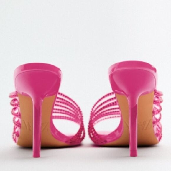 Zara Discounted Vinyl Pink Rhinestone Squared Toe High Heels Dress Sandals Shoes - Picture 8 of 14